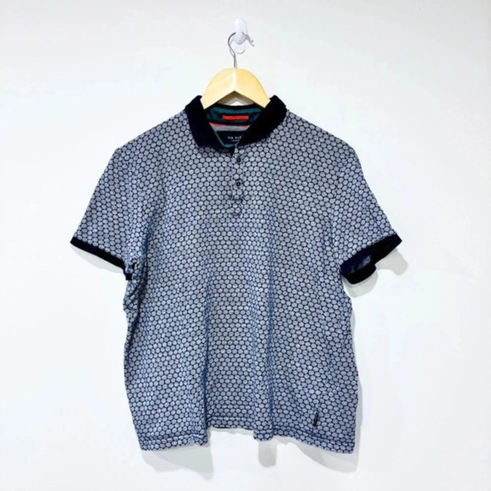 TED BAKER LONDON Navy Geometric Print Cotton Contrast Collar Polo X-Large